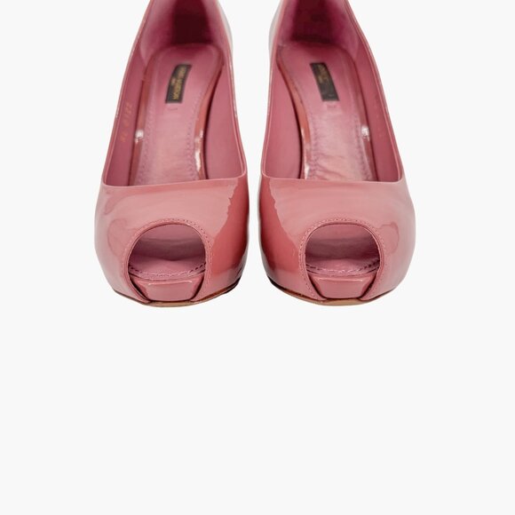Louis Vuitton Oh Really Lock Pumps EU 37 US 7 Mauve Pink Patent High Heel Peep - Picture 5 of 11